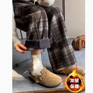 1506-1/KRK161/P49复古格子裤男女加绒腰垂感直筒拖地毛呢阔腿裤图片