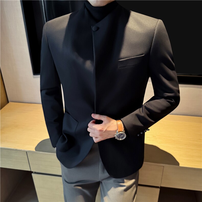 老钱风羊毛立领拼接西装男时尚个性穿搭西服黑色外套DX7047-P275,男装西服套装,电商A213