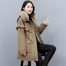 冬季修身长袖连帽百搭大真狐狸毛领加绒拉链收腰抽绳派克服女外套，女装短外套，微微衣阁