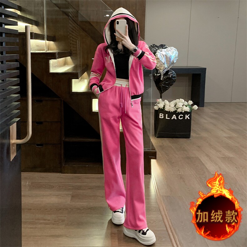 时尚潮流女秋冬加绒新款休闲阔腿裤两件套,女装套装/套裙,江南