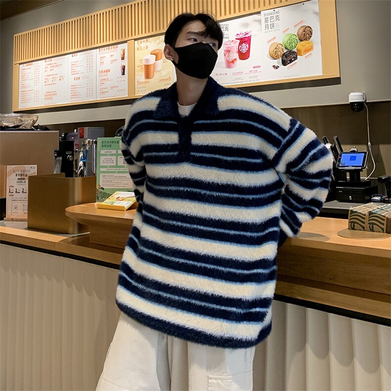 秋款男POLO领毛衣条纹拼色针织衫仿水貂外套M50P65,男装针织衫/毛衣,星座1013-1