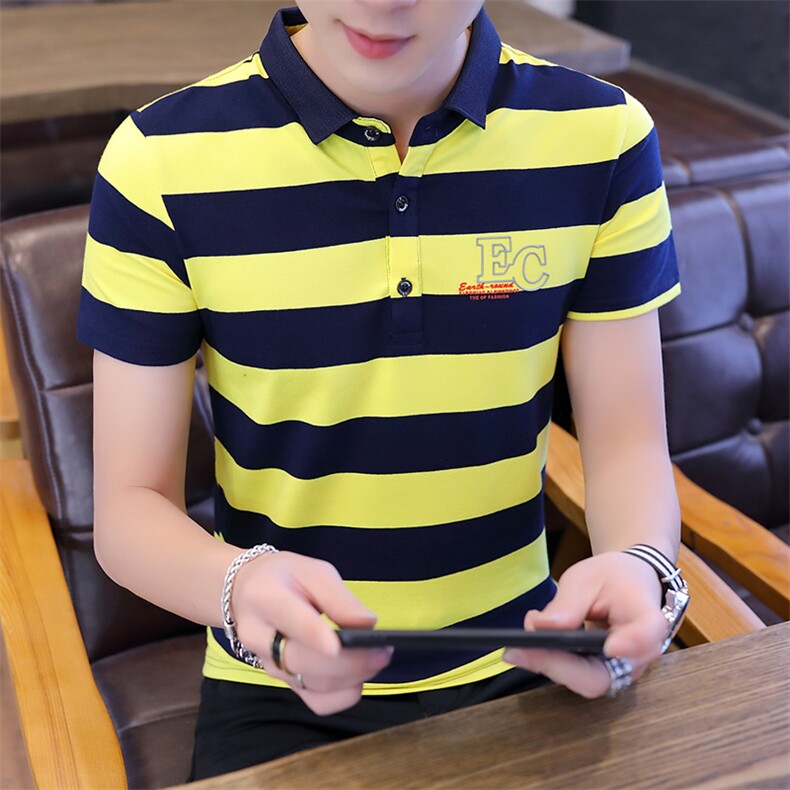 8013-P35夏季t恤男士短袖翻领polo衫夏装休闲潮流修身男装条纹半图片
