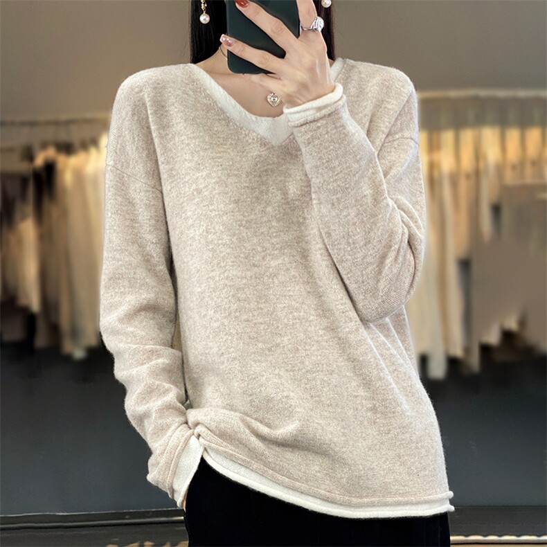 2025年秋季新款百搭女士V领长袖套头羊毛衫,女装羊毛衫,春贝羊绒