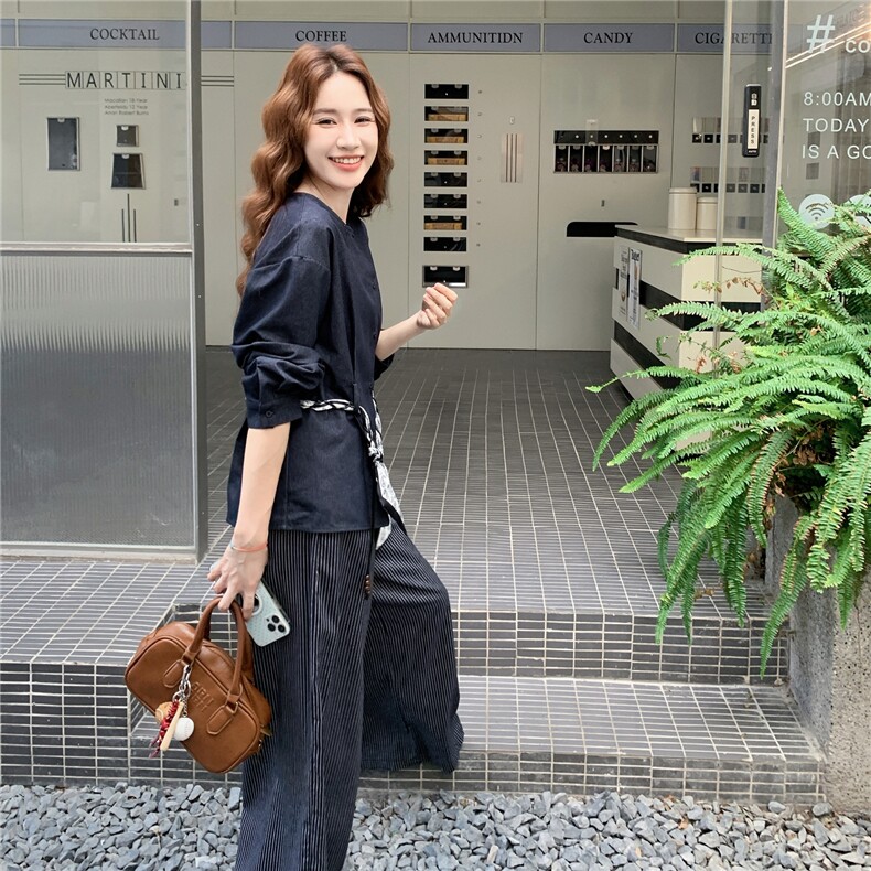 复古气质丝带收腰上衣两件套2025新款秋季日系宽松条纹阔腿裤套装,女装套装/套裙,2C050