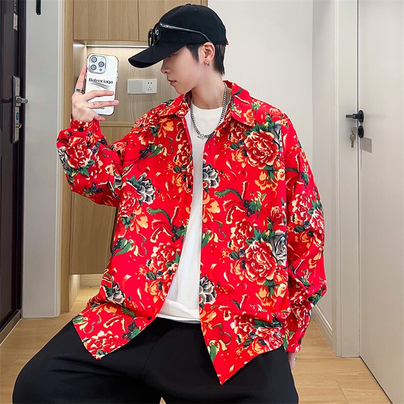 C1长袖男士宽松东北大花港风衬衣外套民族特色团队服，男装民族服装，星座115A(原星座507）