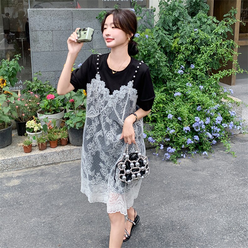 蕾丝拼接假两件连衣裙女2025夏季新款设计感小众时尚宽松吊带裙潮,女装连衣裙,2C176