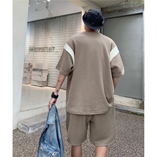 情侣装夏装新款华夫格撞色拼接套装男女宽松半袖T恤潮D295P68，男装T恤，电商A335-1（原A458）