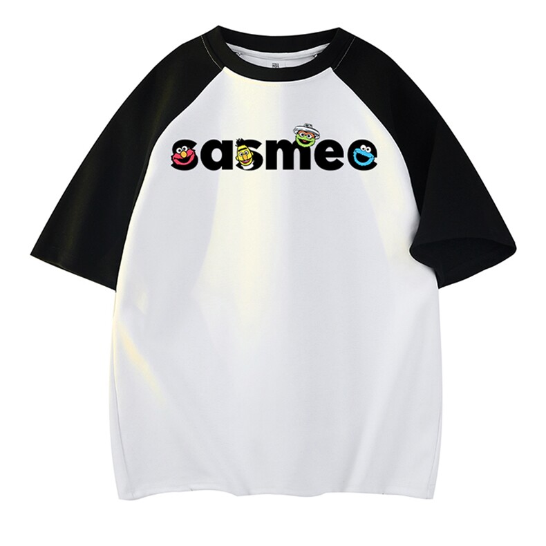 抖音得物供货240克宽松纯棉美式潮牌印花插肩袖拼接短袖T恤AT1509，男装T恤，电商A443