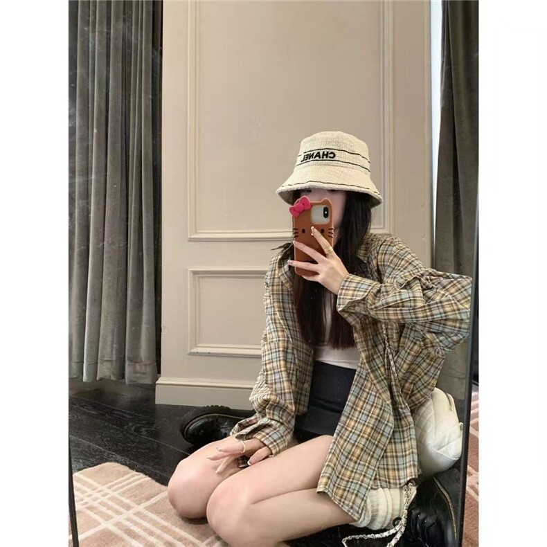 韩系复古慵懒风格子衬衫女早秋新款宽松百搭气质休闲防晒上衣外套,男装防晒衣,星座1210-1