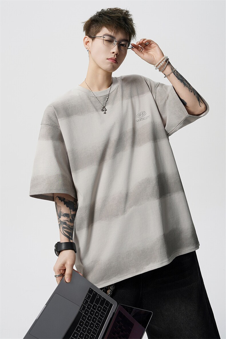8XL-M高品质纯棉扎染条纹短袖T恤男宽松美式复古半袖情侣DX339,男装T恤,电商D206-1