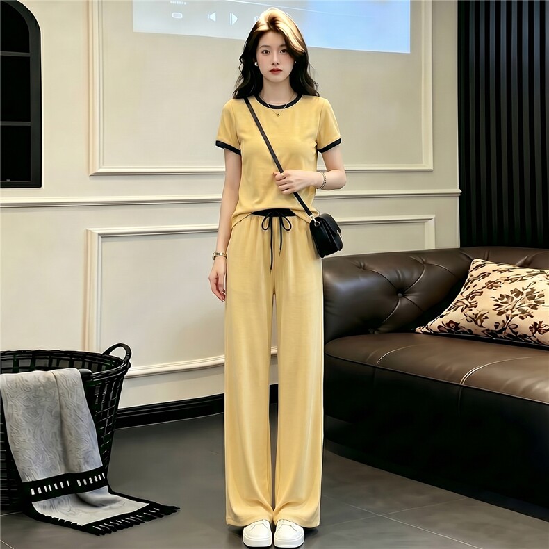 盐系穿搭休闲时尚运动套装女夏款圆领拼接短袖上衣阔腿长裤两件套,女装套装/套裙,江南