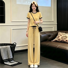 盐系穿搭休闲时尚运动套装女夏款圆领拼接短袖上衣阔腿长裤两件套，女装套装/套裙，江南