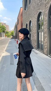韩版大翻领双排扣中长款风衣图片