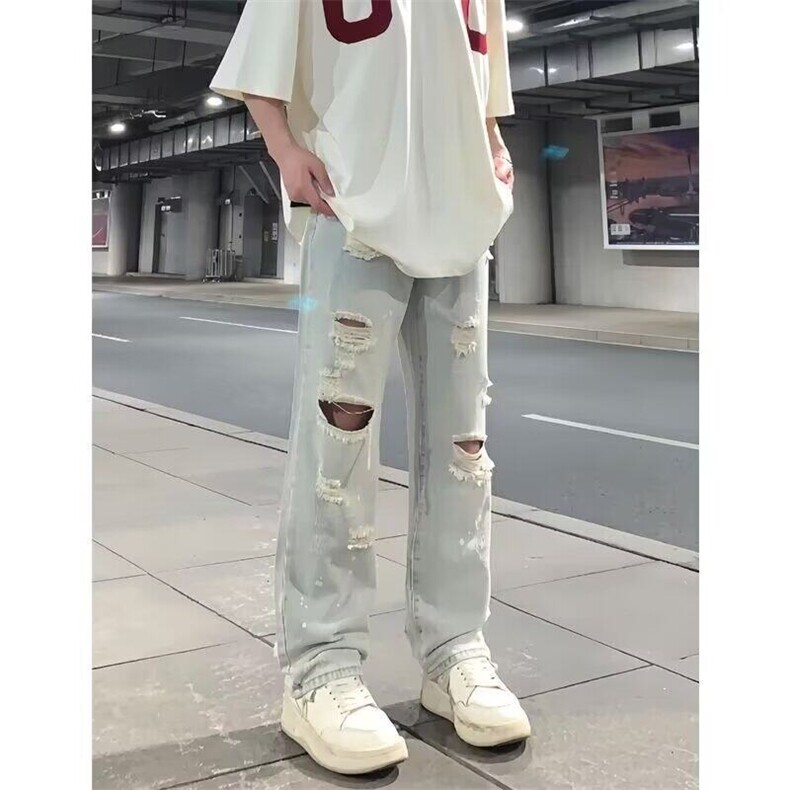 DE0013-P45现货破洞水洗牛仔裤男美式潮牌直筒裤潮-网图现货,男装牛仔裤,星座603-2
