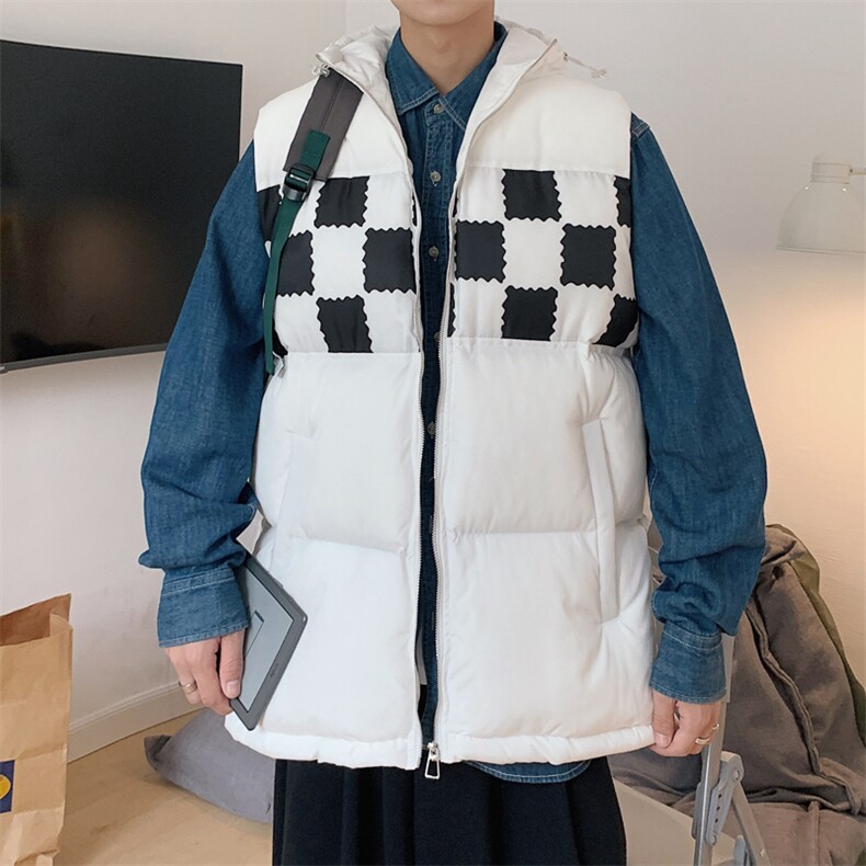 2026秋冬连帽格子拼接羽绒棉马甲背心手塞棉MJ17555/P75白色,男装背心/马甲,电商A094