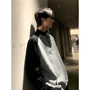 半拉链德绒撞色长袖t恤男新款休闲大码男生打底衫上衣TXYT17图片