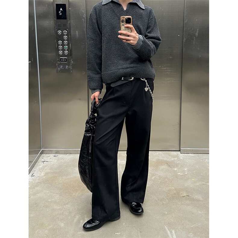 重磅北极绒假两件衬衫领毛衣美式高街复古休闲慵懒纯色翻领针织衫,男装针织衫/毛衣,电商A486-1