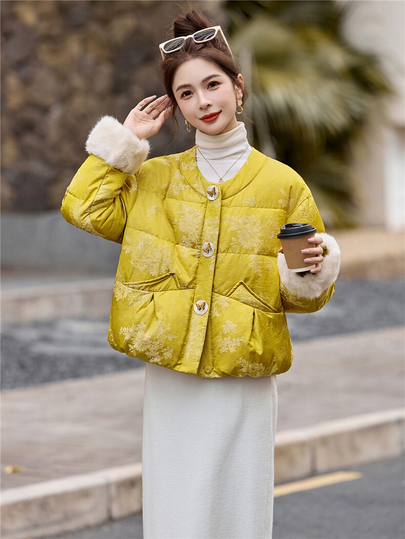 新中式90提花羽绒服2025年冬季新款高级感优雅气质白鸭外套,女装羽绒服,玖莱伊