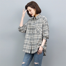 2022年春秋季单排多扣长袖简约短款宽松纽扣格子纯棉，女装衬衫，忆绮罗