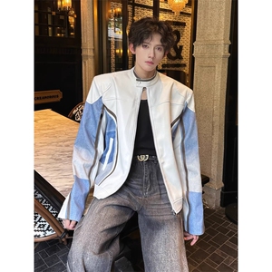 立领拼接赛车服皮夹克垫肩PU皮衣外套 JK8571 特P74图片