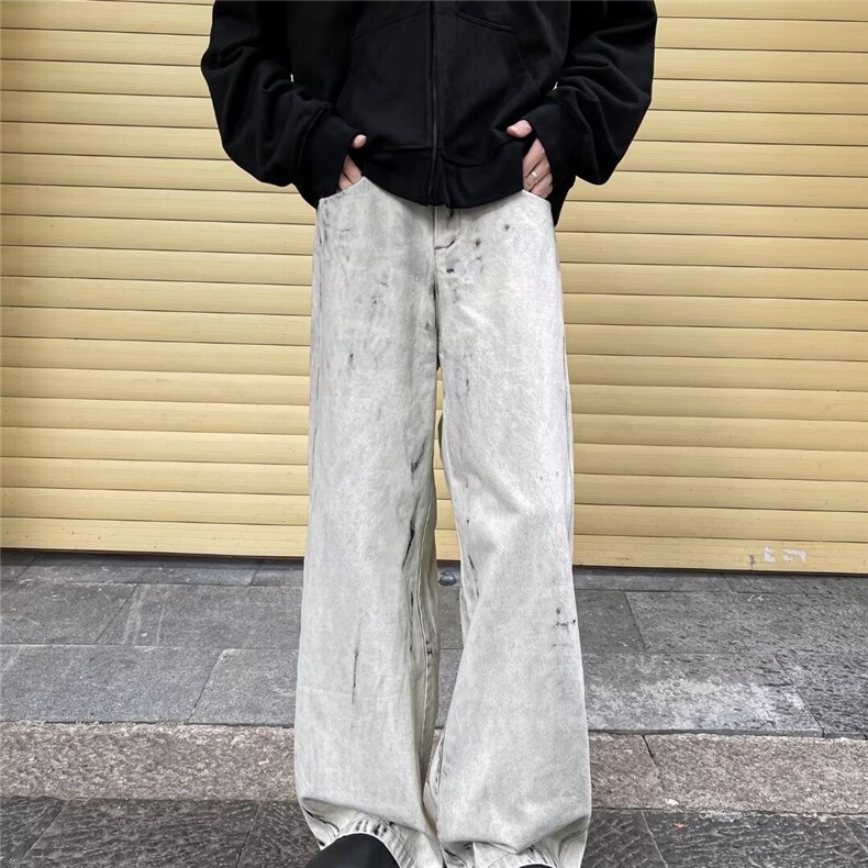 欧美复古扎染牛仔裤男女美式炸街小众设计感宽松直筒阔腿裤图片