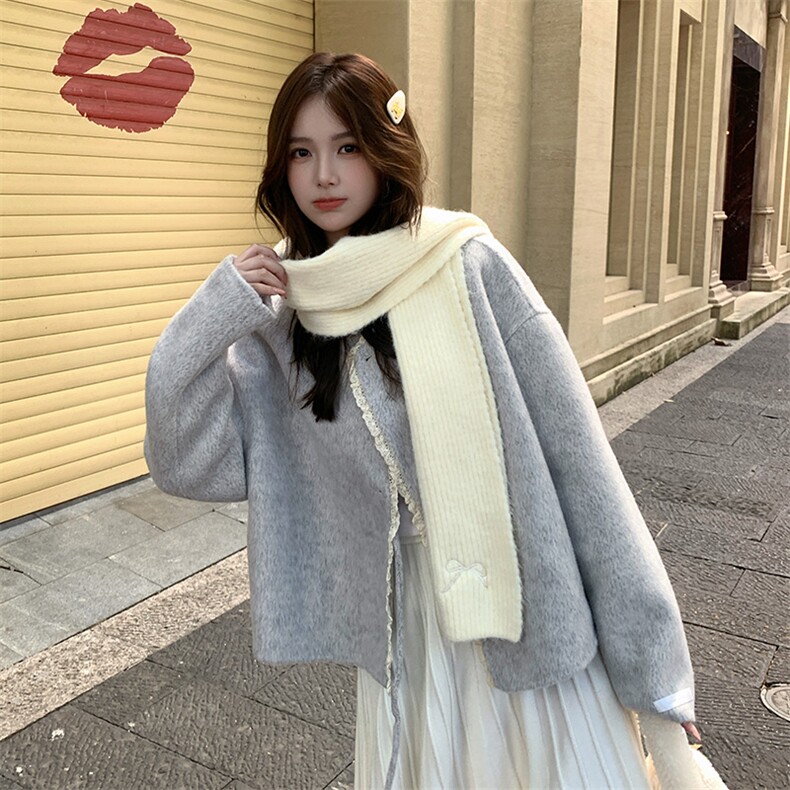 时髦甜美花边拼接双面呢外套女2025冬季新款气质减龄短款毛呢上衣,女装毛呢外套,2D080