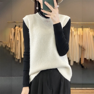 时尚百搭黑色无袖针织马甲女秋冬季新款宽松显瘦毛衣背心外套图片