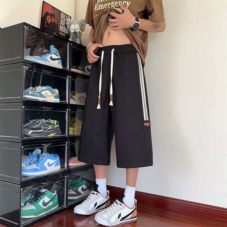 特批P28无差价2025夏季潮流拼接条纹港风大码七分裤休闲裤男K5697,男装牛仔裤,电商A001-1