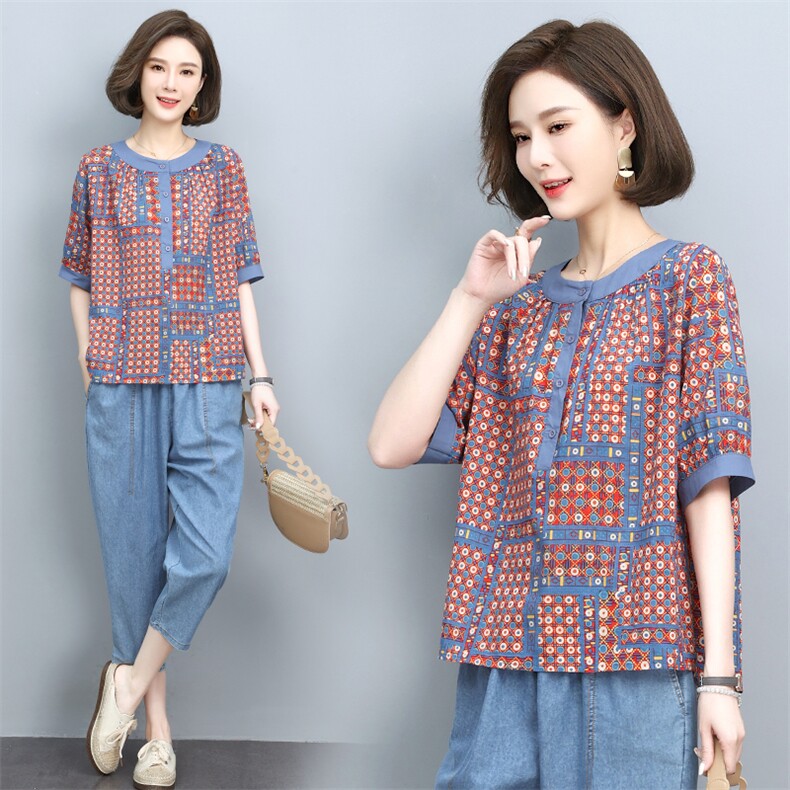 女士棉麻套装2025夏季新款中妈妈时尚休闲夏装显瘦亚麻t恤两件套，女装套装/套裙，依恋蒂丝