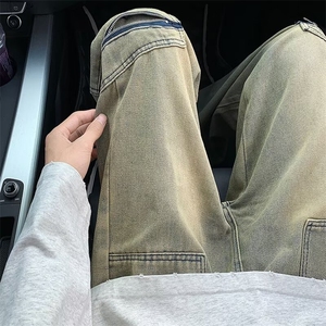美式高街牛仔裤男款春秋季设计工装长裤宽松阔腿直筒裤子NS6003