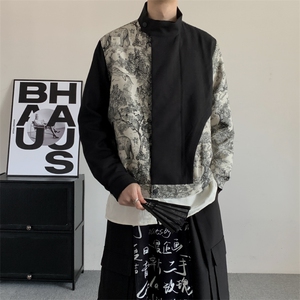 2025秋装新中式立领夹克男女大码男装水墨画提花拼接大码潮牌外套图片