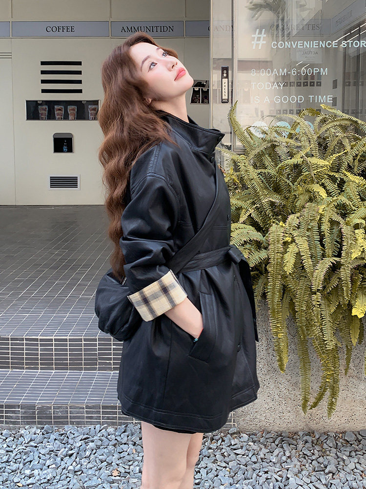 格纹拼接黑色皮衣外套女秋2025新款高级感宽松休闲酷飒风pu皮夹克,女装皮衣,浙宝192（原082）
