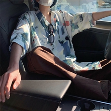 2026夏休闲水墨画冰丝凉感短袖五分袖半袖衬衫CS29/特P30浅蓝，男装衬衫，电商A094