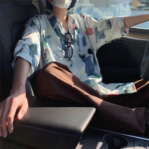 2026夏休闲水墨画冰丝凉感短袖五分袖半袖衬衫 CS29/特P30 浅蓝图片