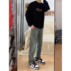 8014-P36   高级感牛仔裤男秋季潮牌直筒裤美式高街阔腿男生裤子图片