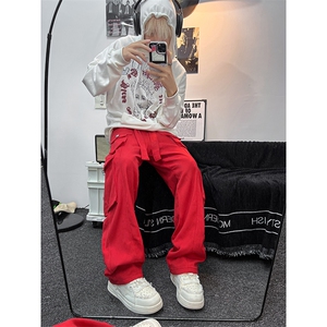 美式ins高街hiphop宽松直筒多口袋工装裤纽扣装饰货号k646P65图片