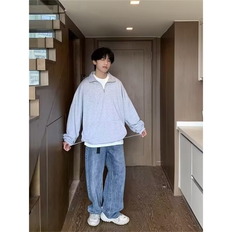 纯色卫衣男潮ins港风潮流半拉链W8801P36,男装卫衣,星座1116-2