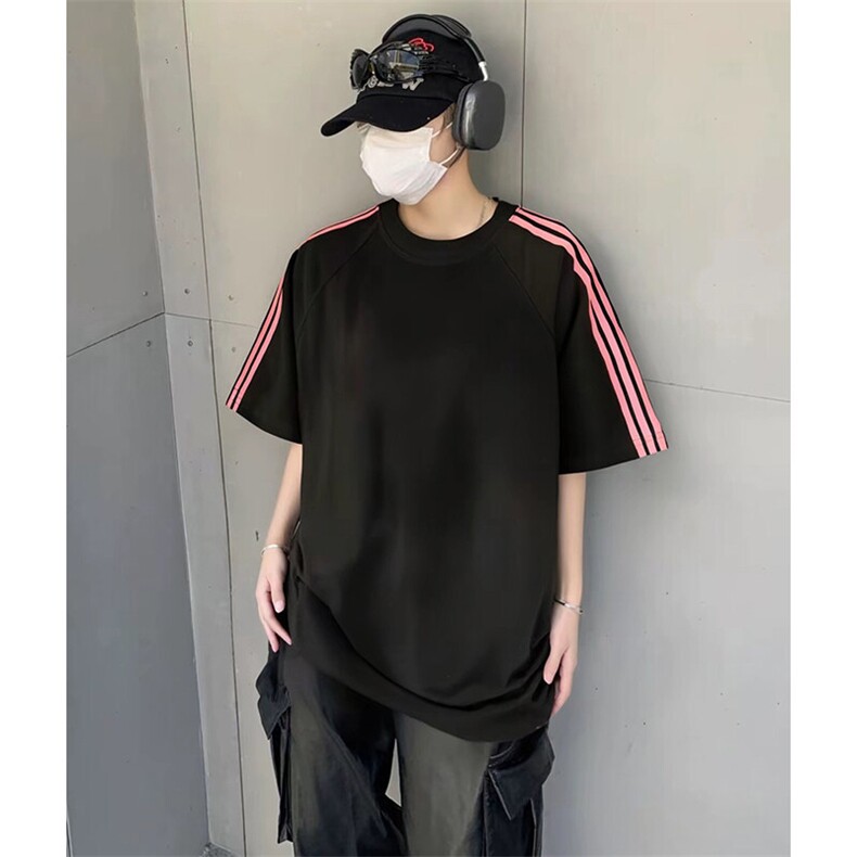 抖音得物品质二开240克宽松纯棉美式潮牌印花三条杠中性风短袖T恤,男装T恤,电商A486