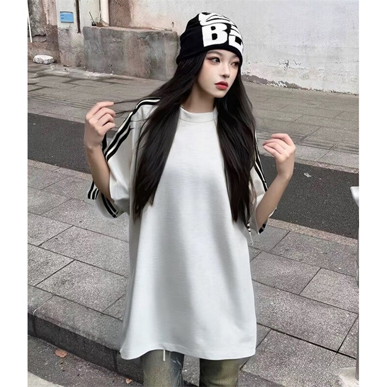 抖音得物品质二开240克宽松纯棉美式潮牌印花三条杠中性风短袖T恤,男装T恤,电商A486-1