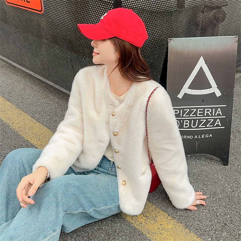 圆领皮毛一体上衣显瘦短款仿皮草2025秋冬新款气质毛呢外套,女装短外套,2C229