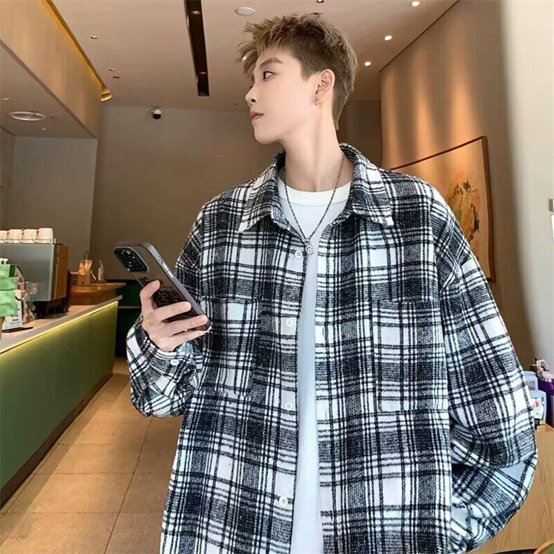 网络图美式复古格子衬衫男生春秋款高街翻领长袖衬衣潮牌大码外套,男装衬衫,星座715-4