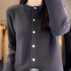 断码清仓新圆领针织开衫女外搭秋季宽松薄款毛衣外套上衣女，女装针织衫/毛衣，德尔信羊绒