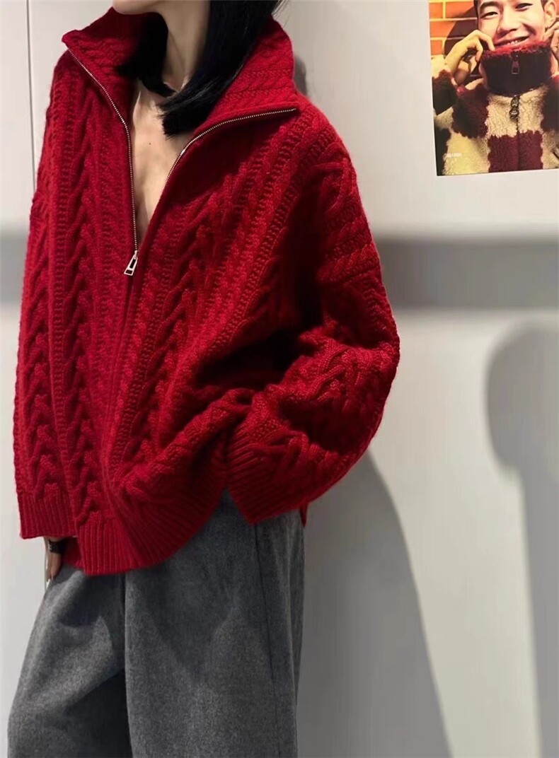 秋冬开衫女立领拉链宽松针织毛衣慵懒，女装针织衫/毛衣，隆秋羊绒