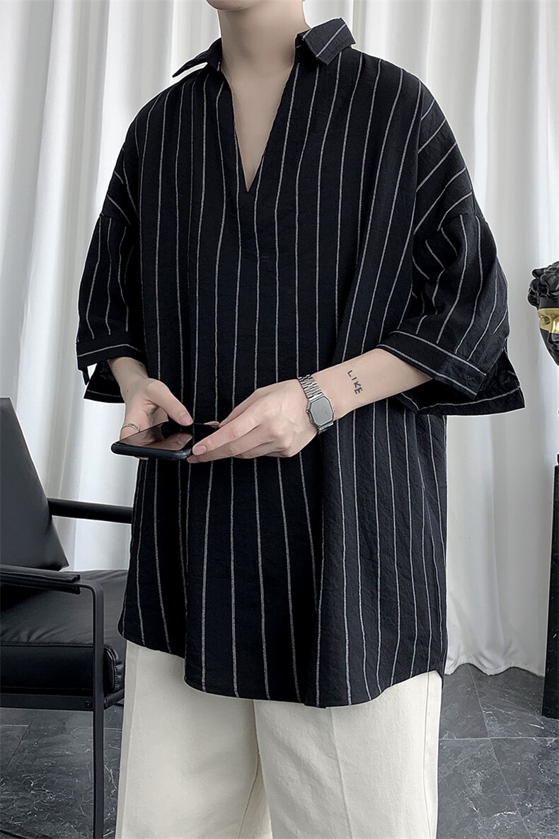 条纹衬衫男短袖夏季薄款痞帅港风上衣服2025新款宽松潮牌潮流外套,男装T恤,电商A177