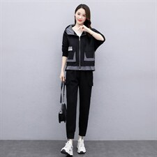 2021春季新款时尚潮流字母印花休闲舒适气质连帽两件套，女装套装/套裙，魅影