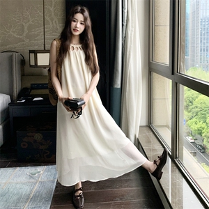 【新款】夏季米白色网纱挂脖连衣裙2C158-8670-P115-K168图片