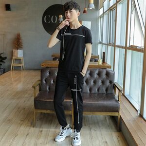 2021夏季男圆领短袖九分裤套装刺绣男韩版修身棉T恤A112-T705-P60图片