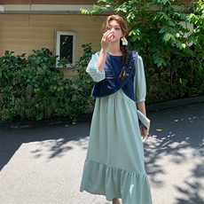 夏季新品，复古牛仔马甲+显瘦连衣裙套装2C2851802P165K248，女装连衣裙，2C285