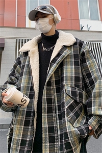 冬季小香风格子棉衣羊羔毛棉服男加绒加厚保暖外套M2311-P100图片