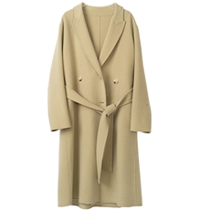 秋冬季羊毛休闲气质通勤经典V领腰带长款双面呢大衣，女装双面呢大衣，彬斯双面尼